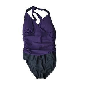 Lands End 1 Piece Swimsuit 10 Womens Black Purple Padded‎ Wireless Beach Lake
